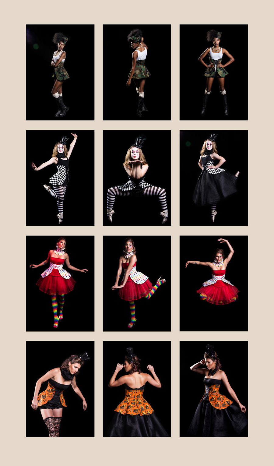 Collage of photos by Britt Smith Photography of Halloween Costumes custom made by Trapped in Time Designs in New Orleans Louisiana. Clothing modeled by Ashara Grimes, ballerina, Olivia Ernst and Amber Carollo